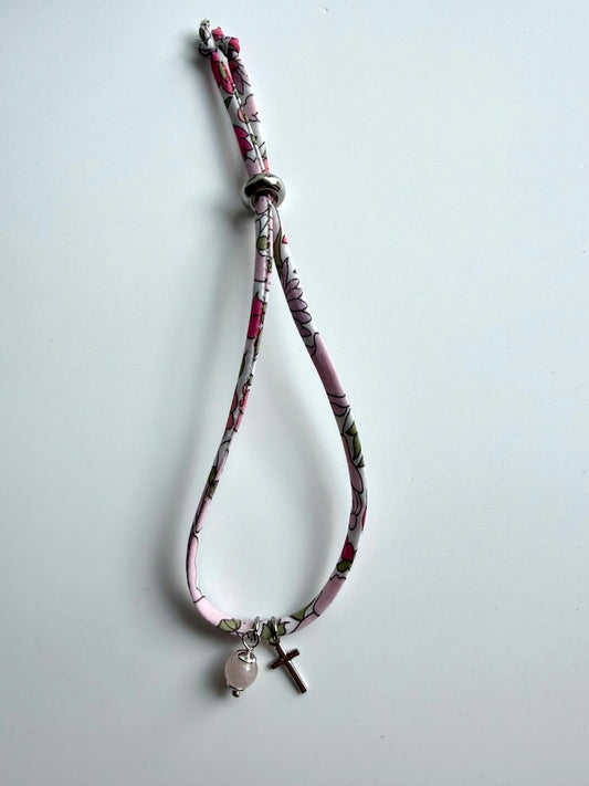 Bracciale in stoffa liberty con Croce e  pietra naturale