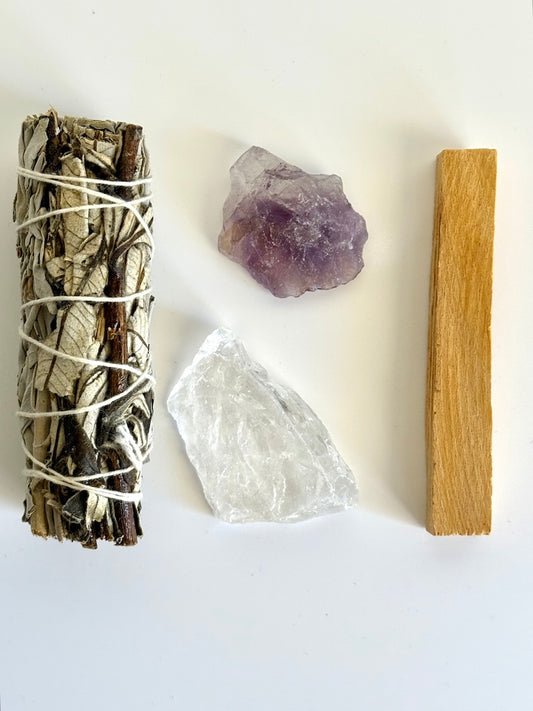 Kit Purificazione ed Equilibrio con Salvia bianca, Palo santo, Ametista e Cristallo di rocca