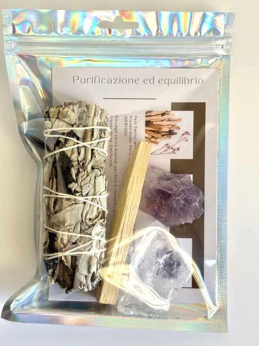 Kit Purificazione ed Equilibrio con Salvia bianca, Palo santo, Ametista e Cristallo di rocca