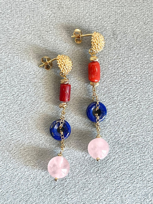 Orecchini con Corallo, Lapislazzuli e Quarzo rosa - Abbondanza Creatività e Amore